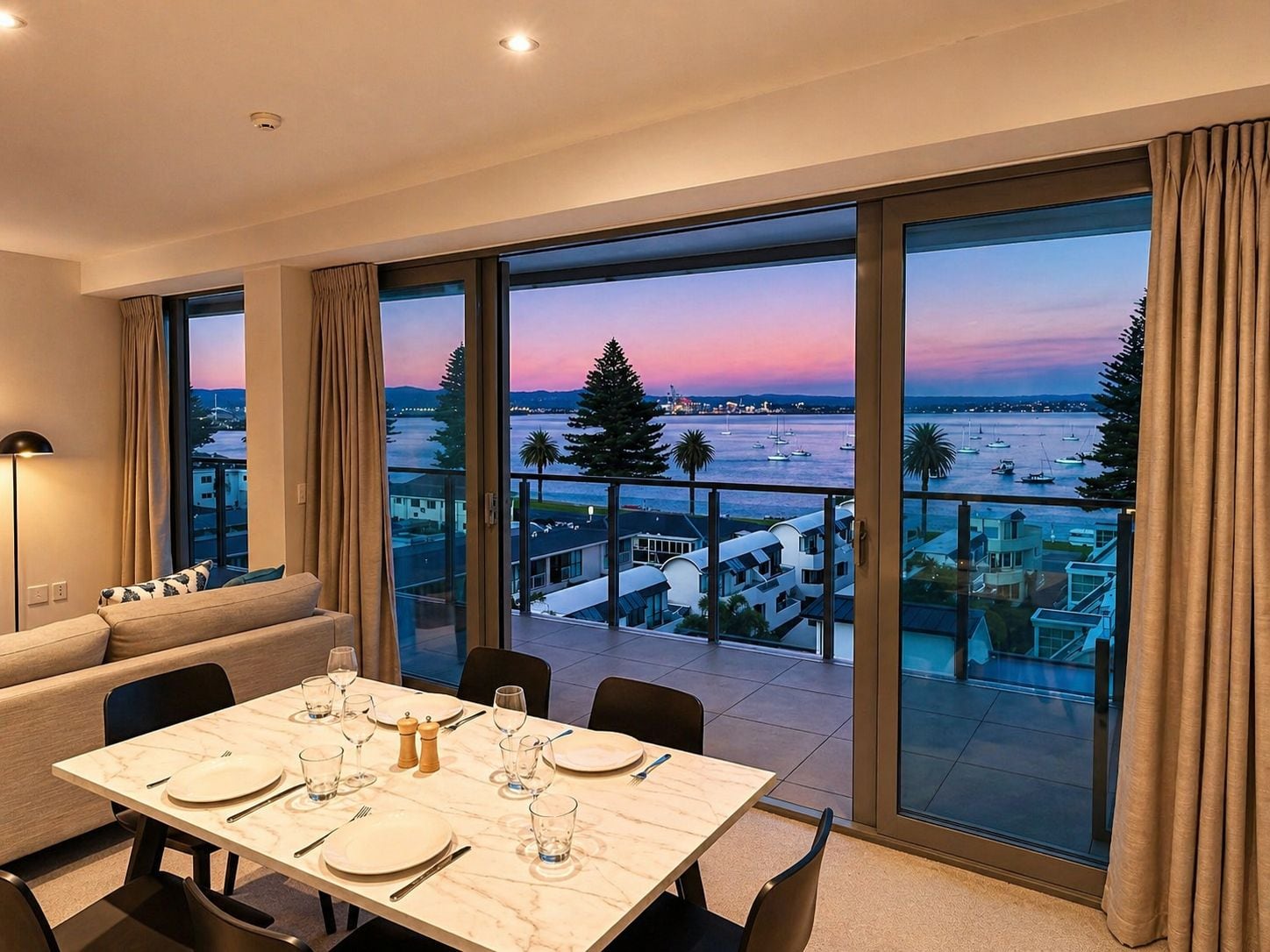 A dining area with a table set for four, large windows with curtains, and a view of a marina.