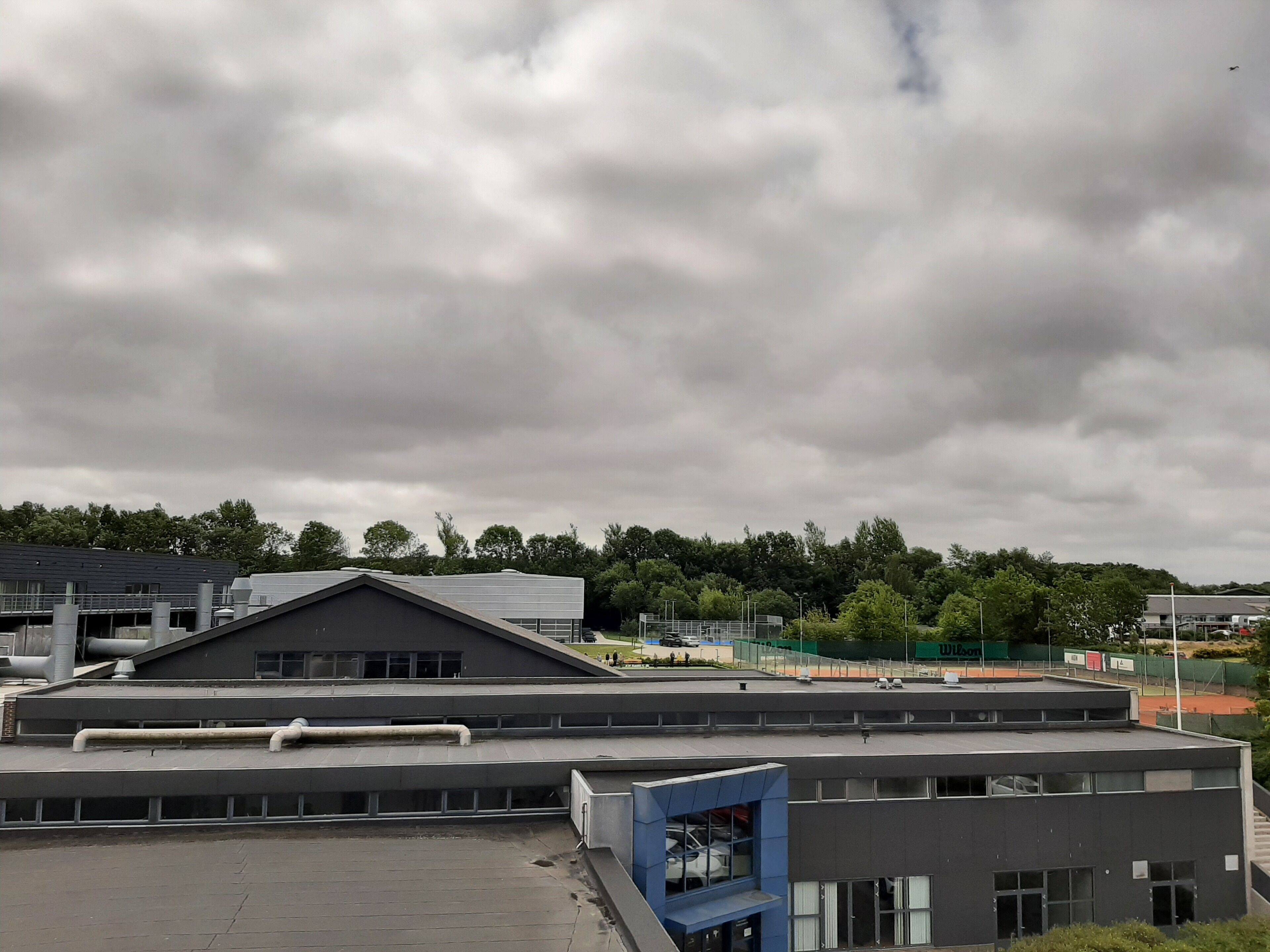 A modern building with a flat roof, large windows, and a blue accent wall.