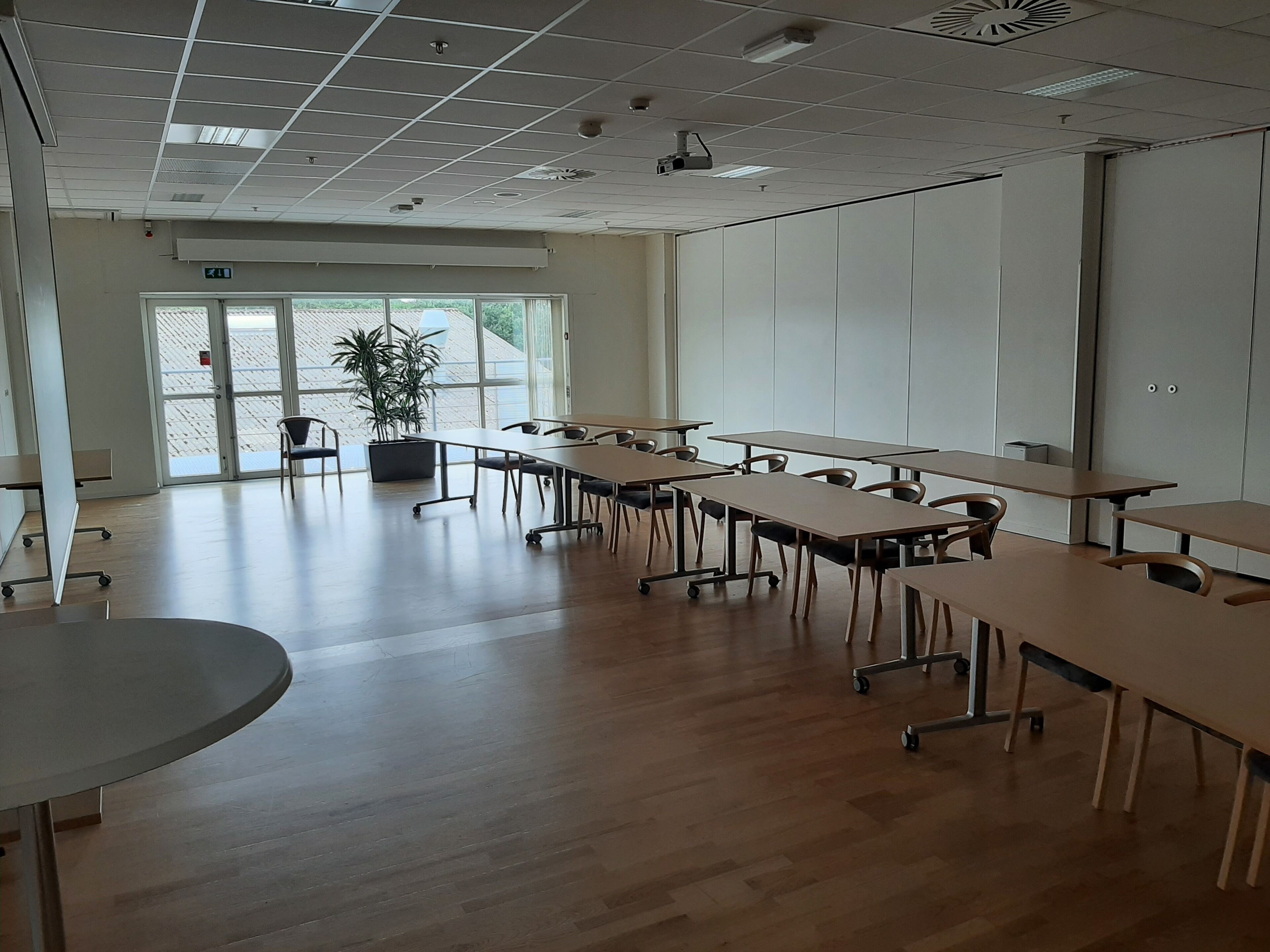 Un salón de conferencias con una gran mesa, sillas y una planta en maceta.