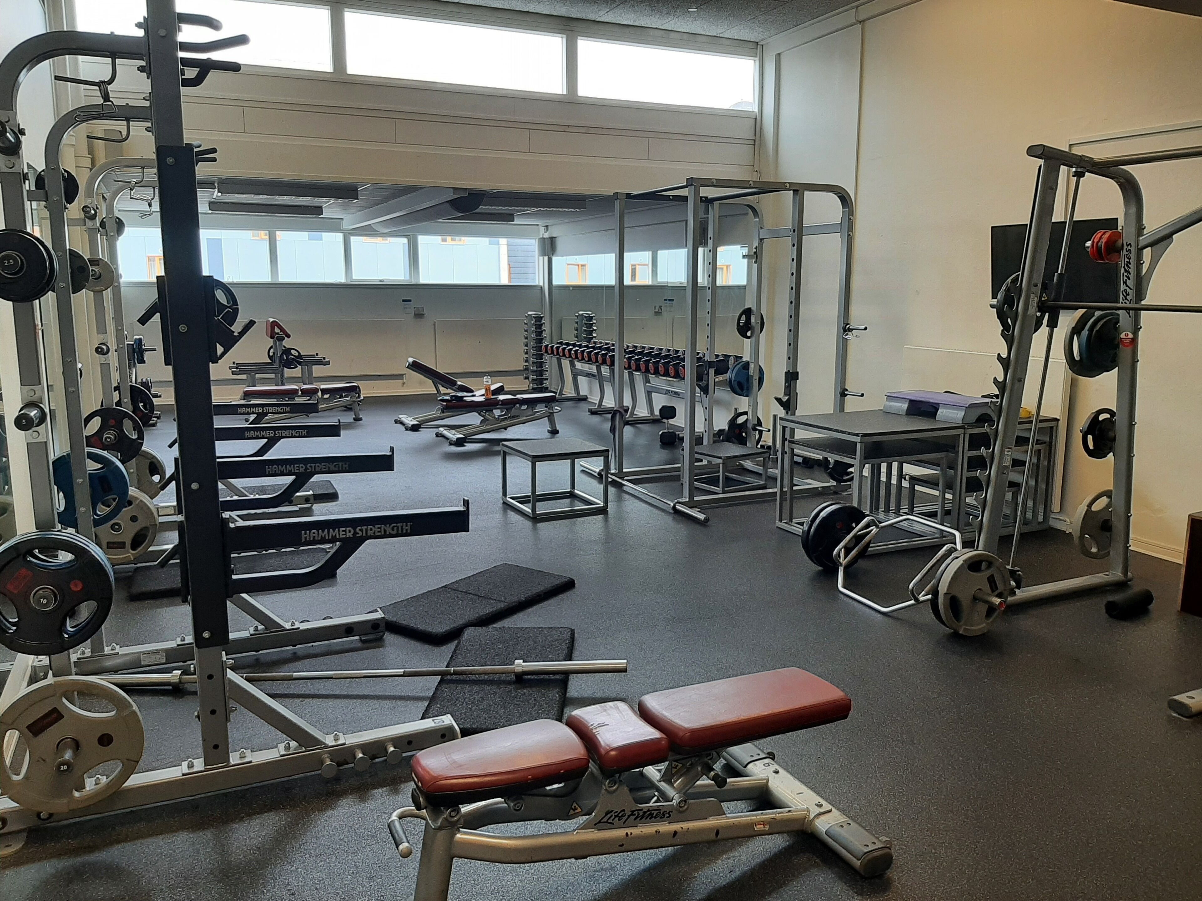 Et fitnesscenter med forskellig træningsudstyr, herunder bænke, vægtstativer og løbebånd.