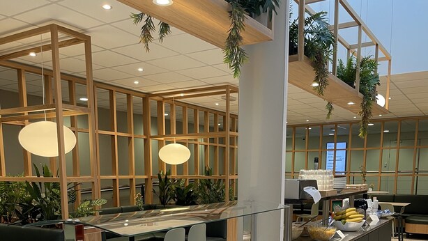 Zona de buffet con diferentes opciones de comida y un área de comedor con mesas y sillas.