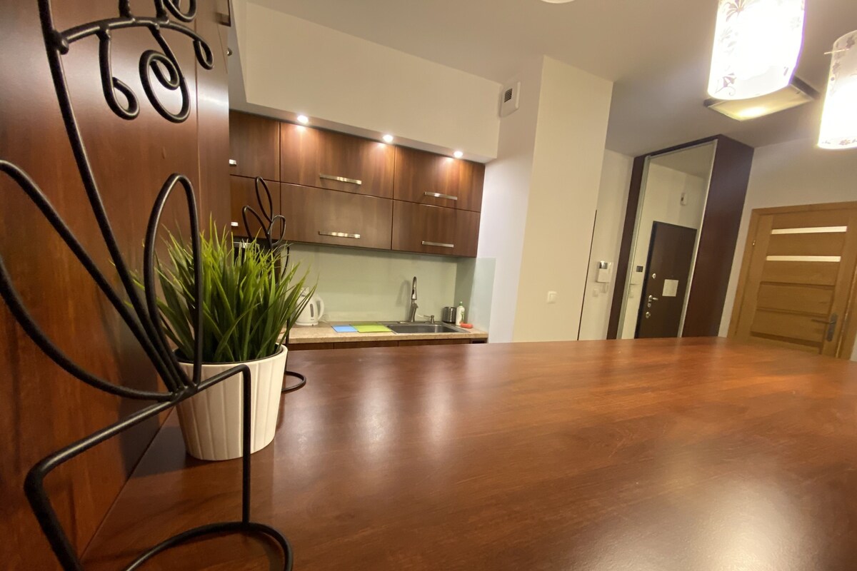 A modern kitchen with wooden cabinets, a stainless steel sink, and a potted plant on a wooden table.