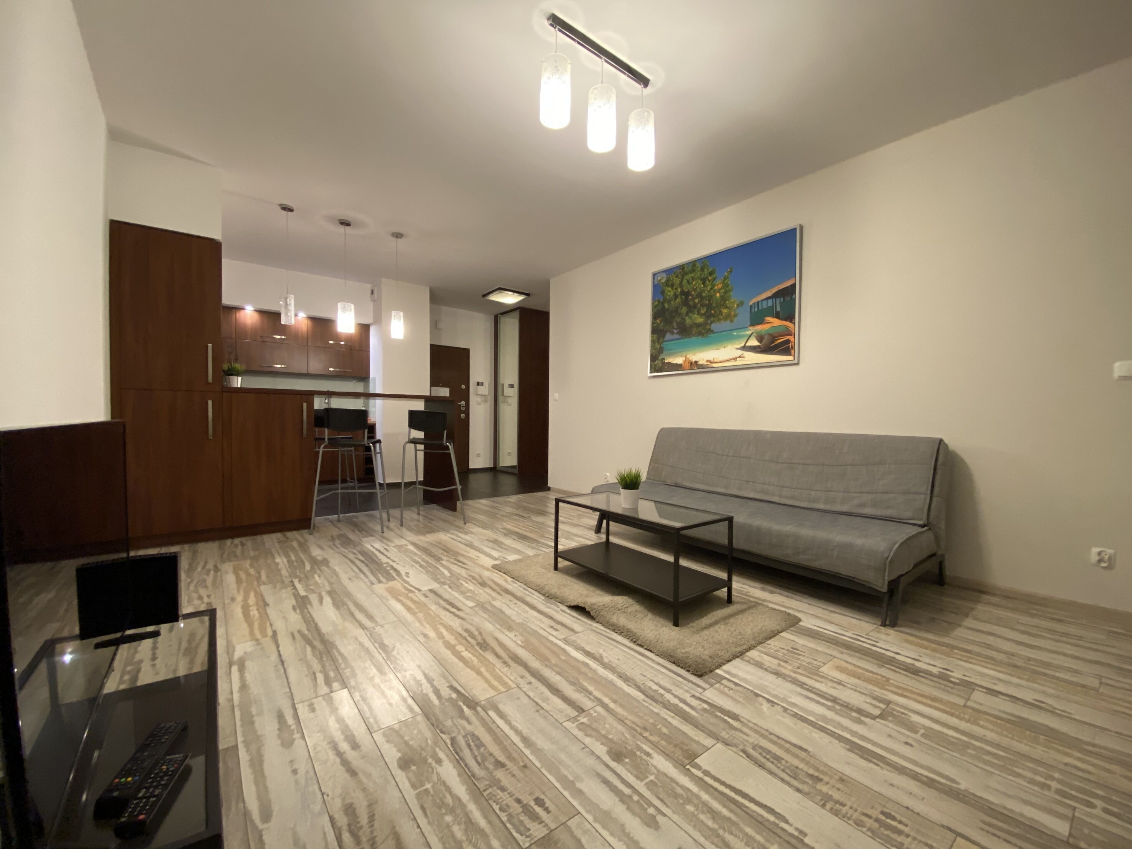 Una sala de estar moderna con un sofá gris, una mesa de centro y un mueble para TV con control remoto. Se aprecia una zona de cocina con armarios de madera y una mesa de comedor con dos sillas.