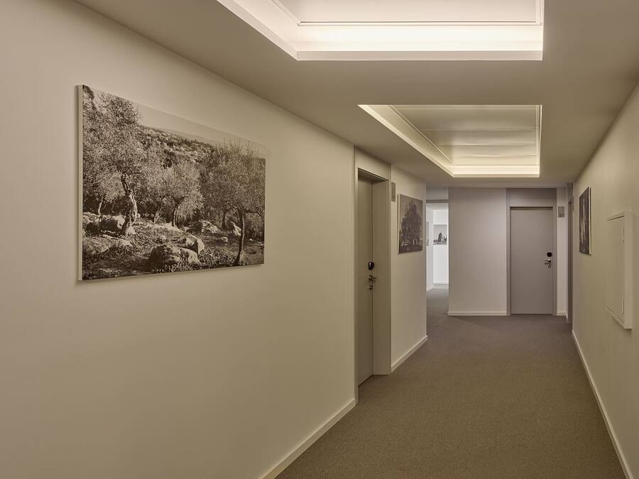 A hallway with a skylight, a large black-and-white photograph, and a door leading to another room.