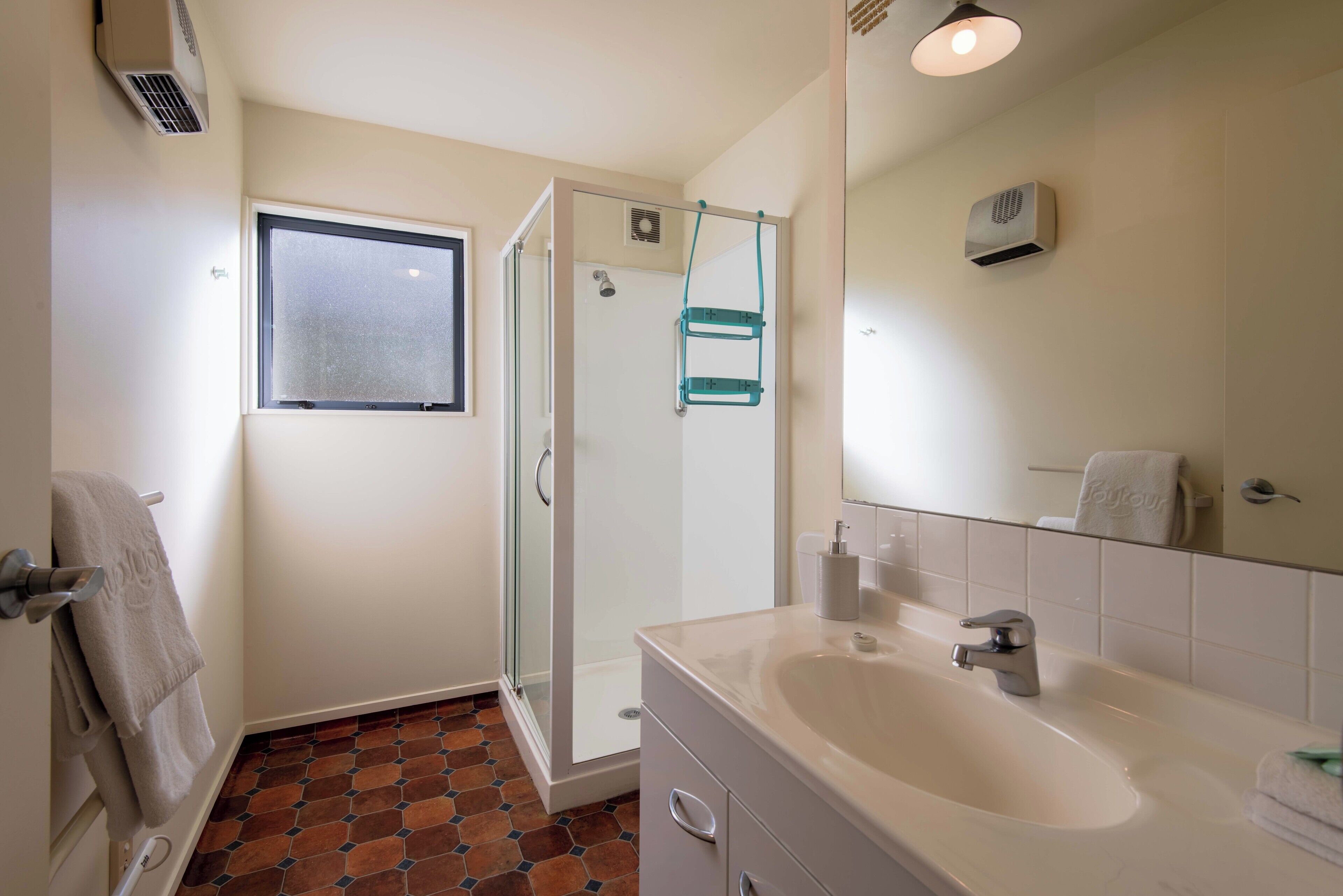 A bathroom with a shower, a sink, a mirror, and a window.