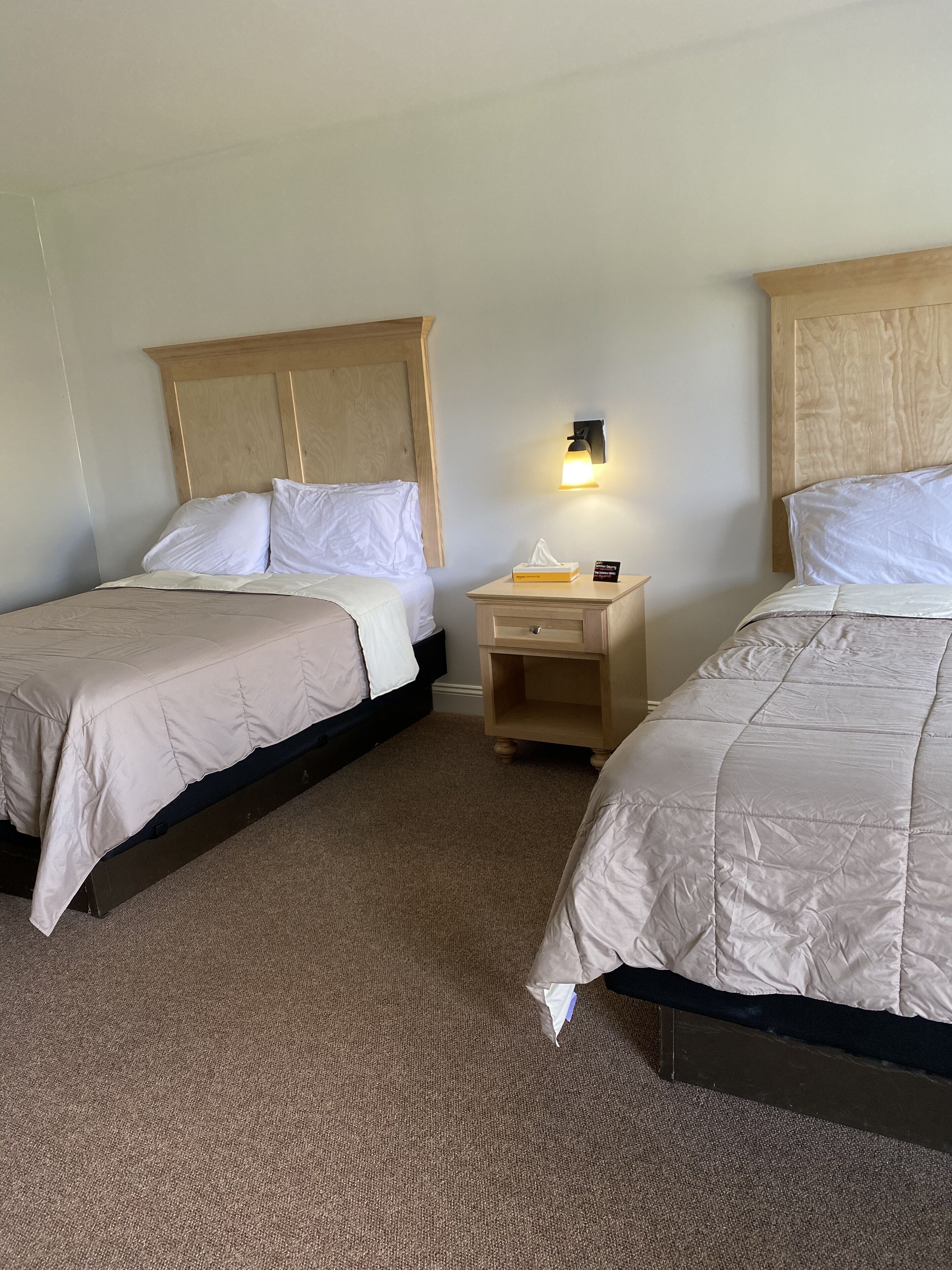 A hotel room with two beds, a nightstand with a lamp, and a carpeted floor.