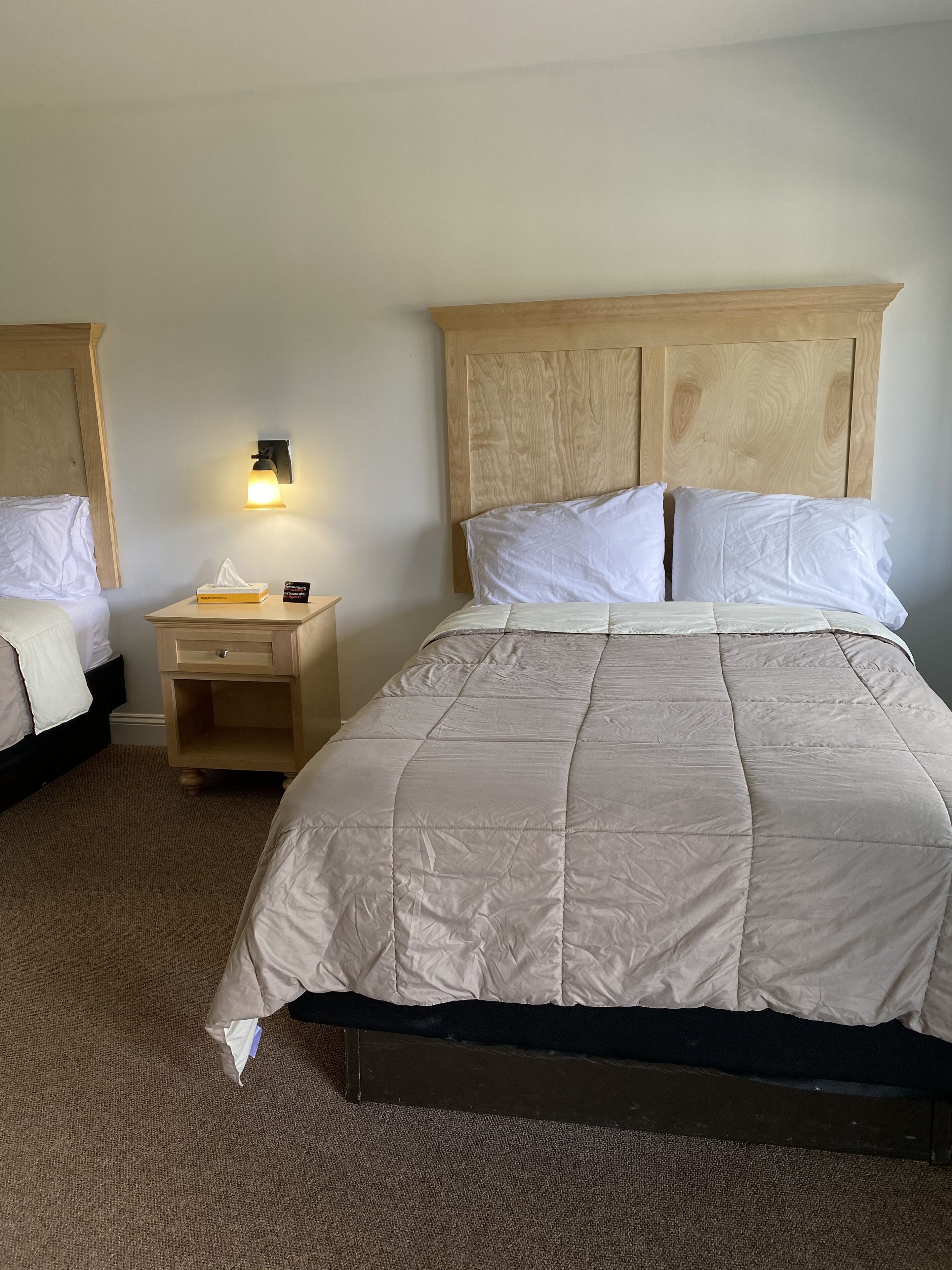 A hotel room with a large bed, a nightstand with a lamp, and a wooden headboard.