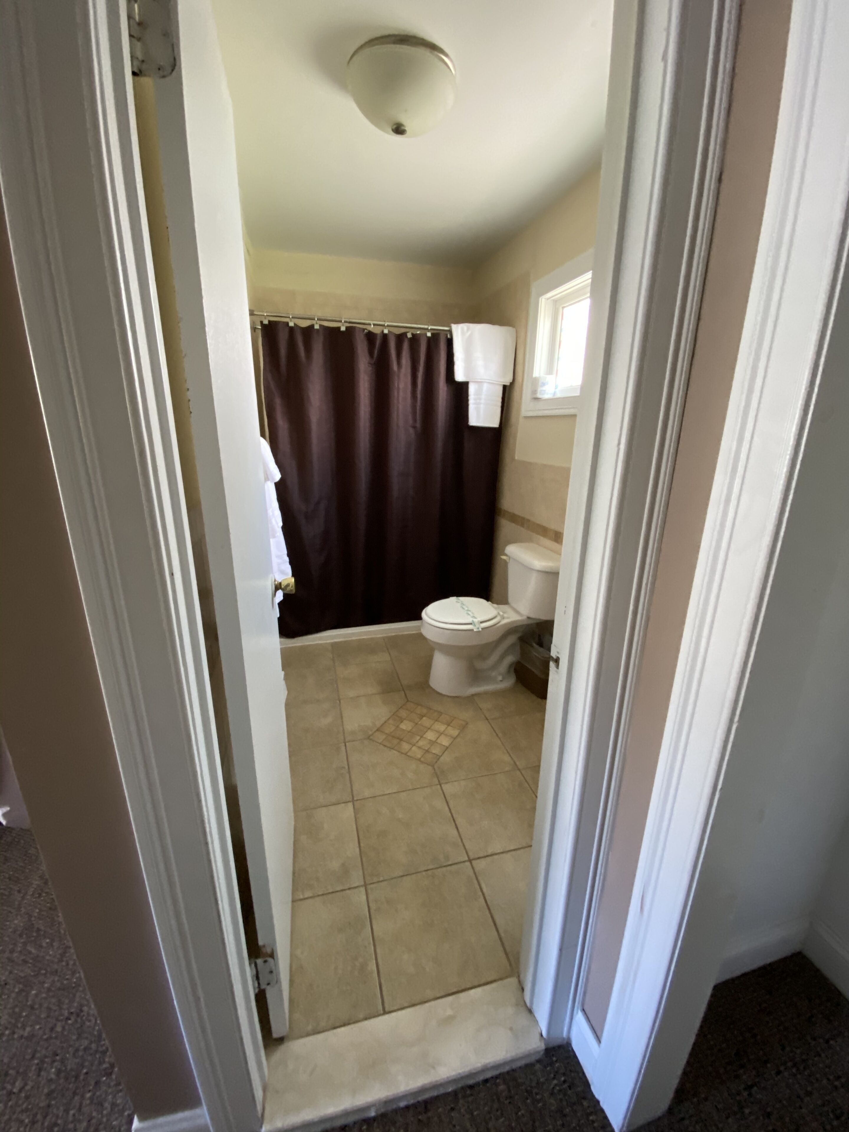 A bathroom with a toilet, shower curtain, and a towel hanging on the wall.