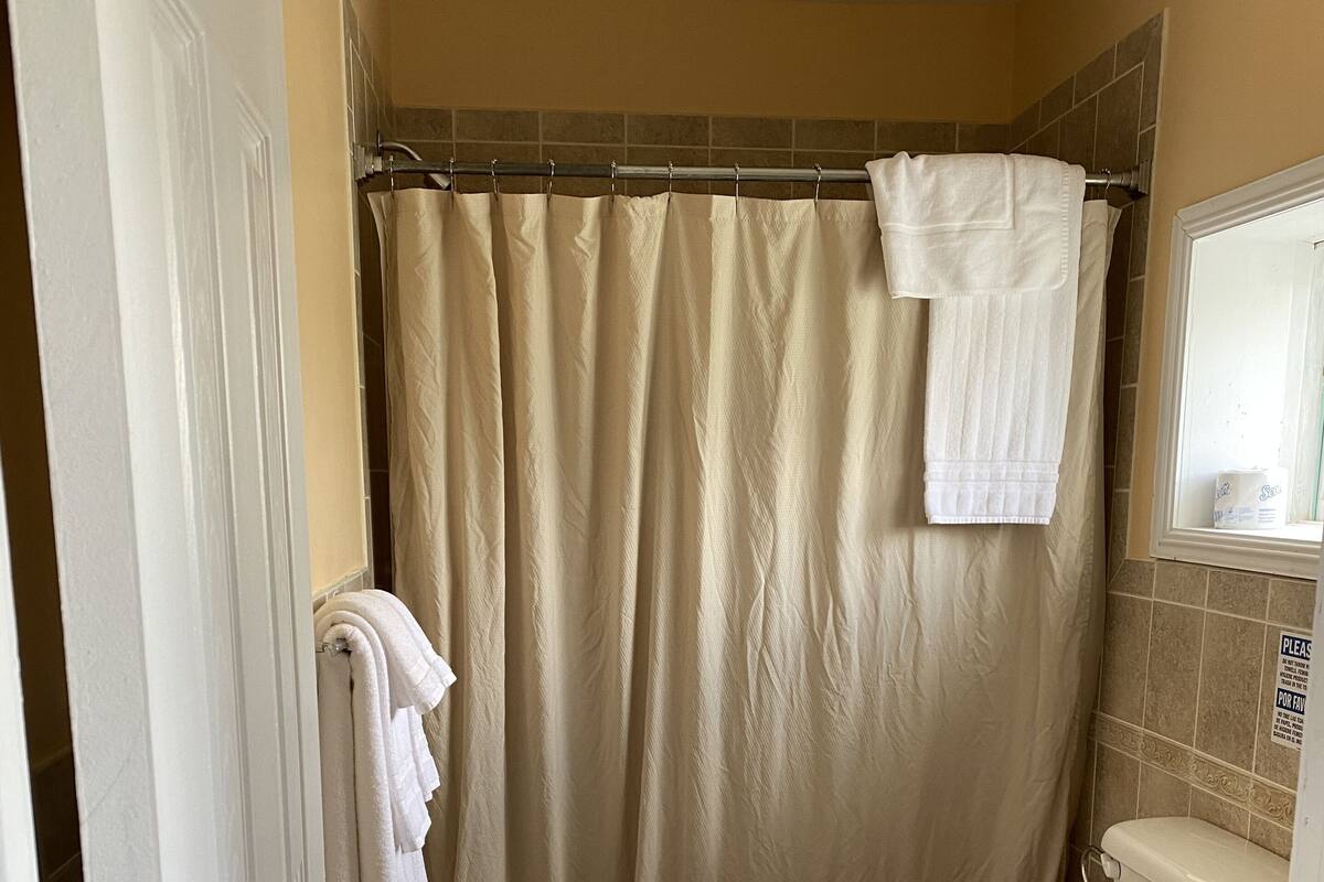 A bathroom with a shower curtain, a toilet, and a bathtub.