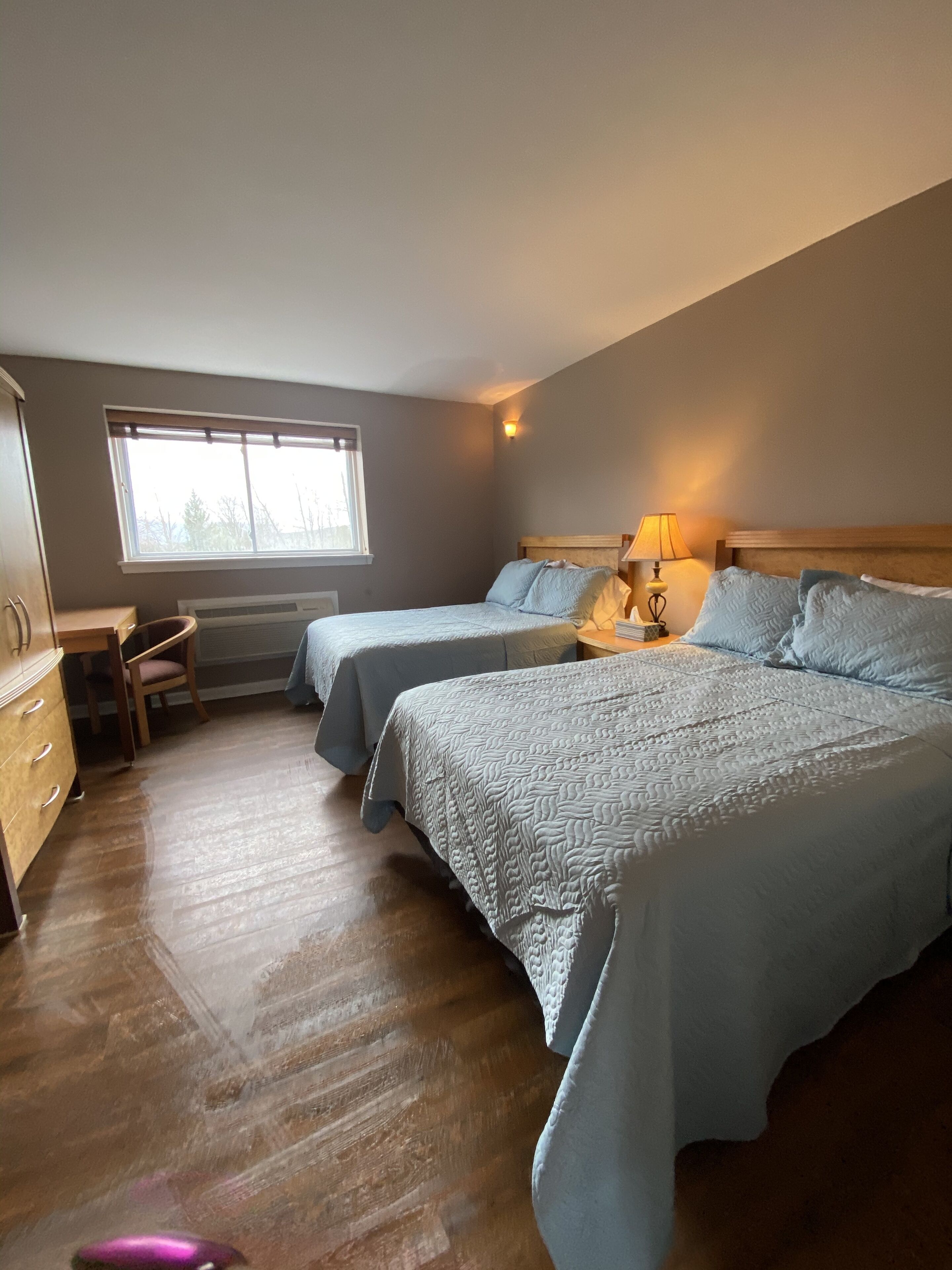 A bedroom with two beds, a desk, and a chair.