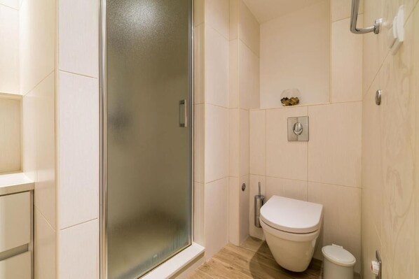 A modern bathroom with a glass shower enclosure, a toilet, and a bidet.