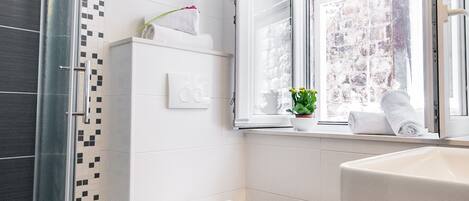 A modern bathroom with a shower, toilet, and sink.