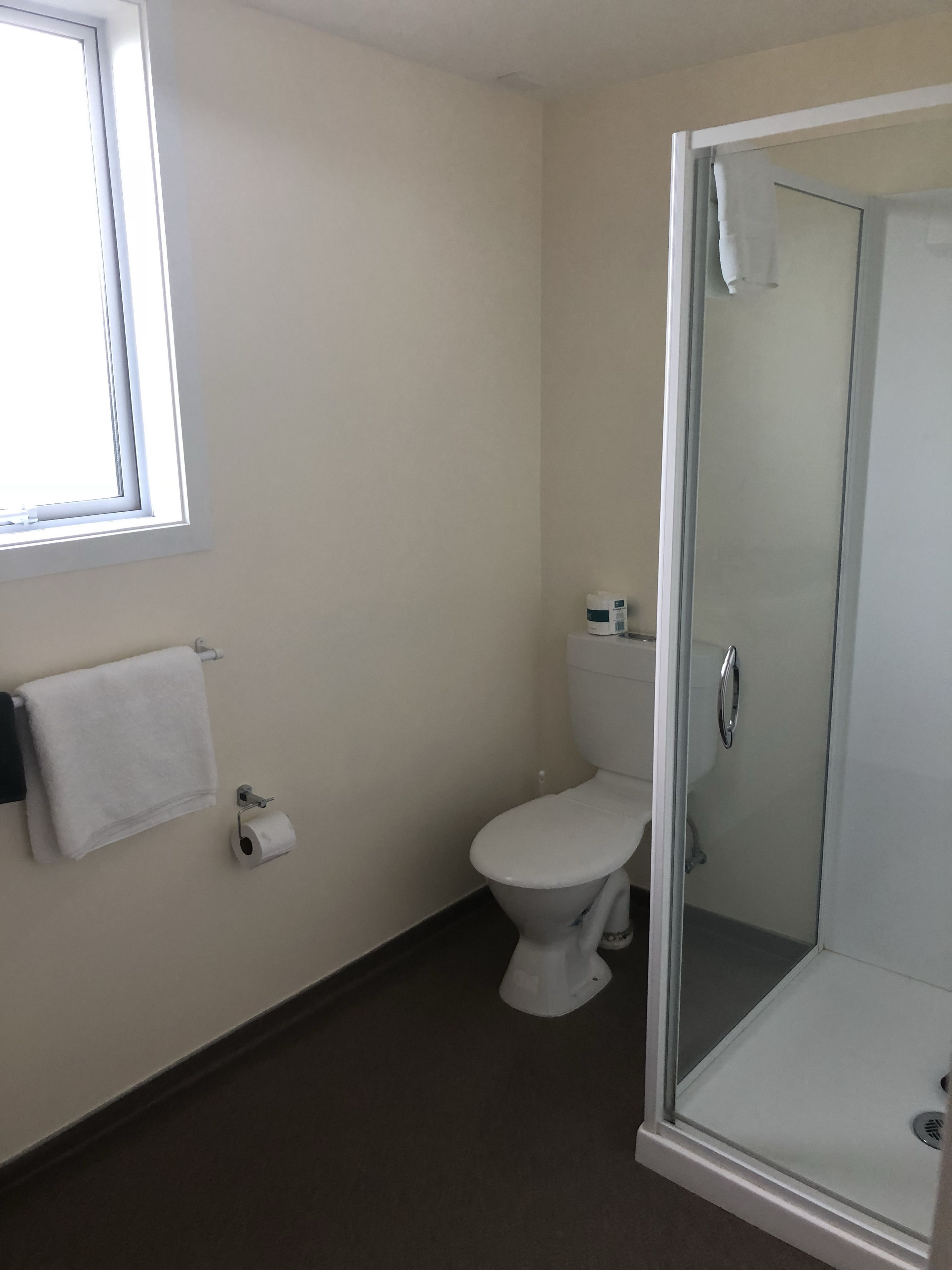 Un baño con inodoro, cabina de ducha de vidrio, toallero con una toalla blanca y dispensador de papel higiénico.