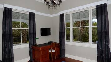 32-inch flat-screen TV with satellite channels, TV, DVD player