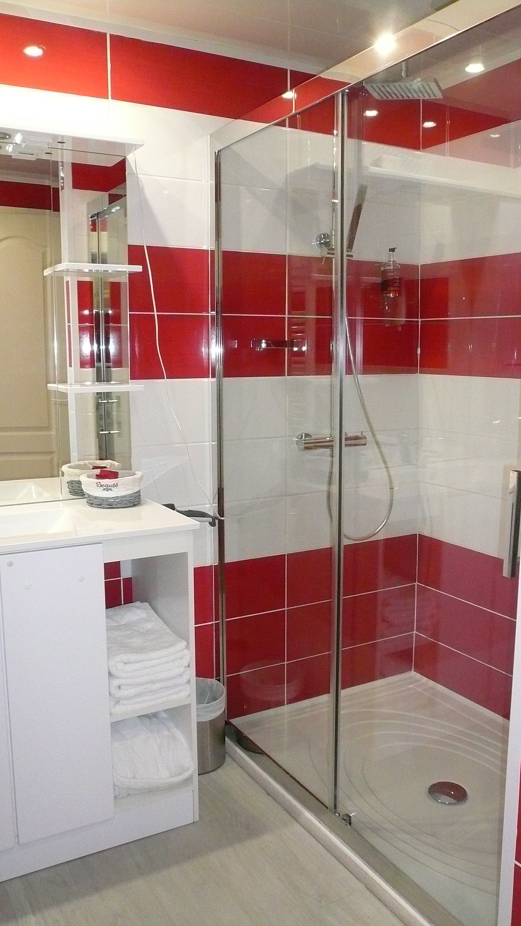 A modern bathroom with a glass shower enclosure, a white sink with a mirror, and red-tiled walls.