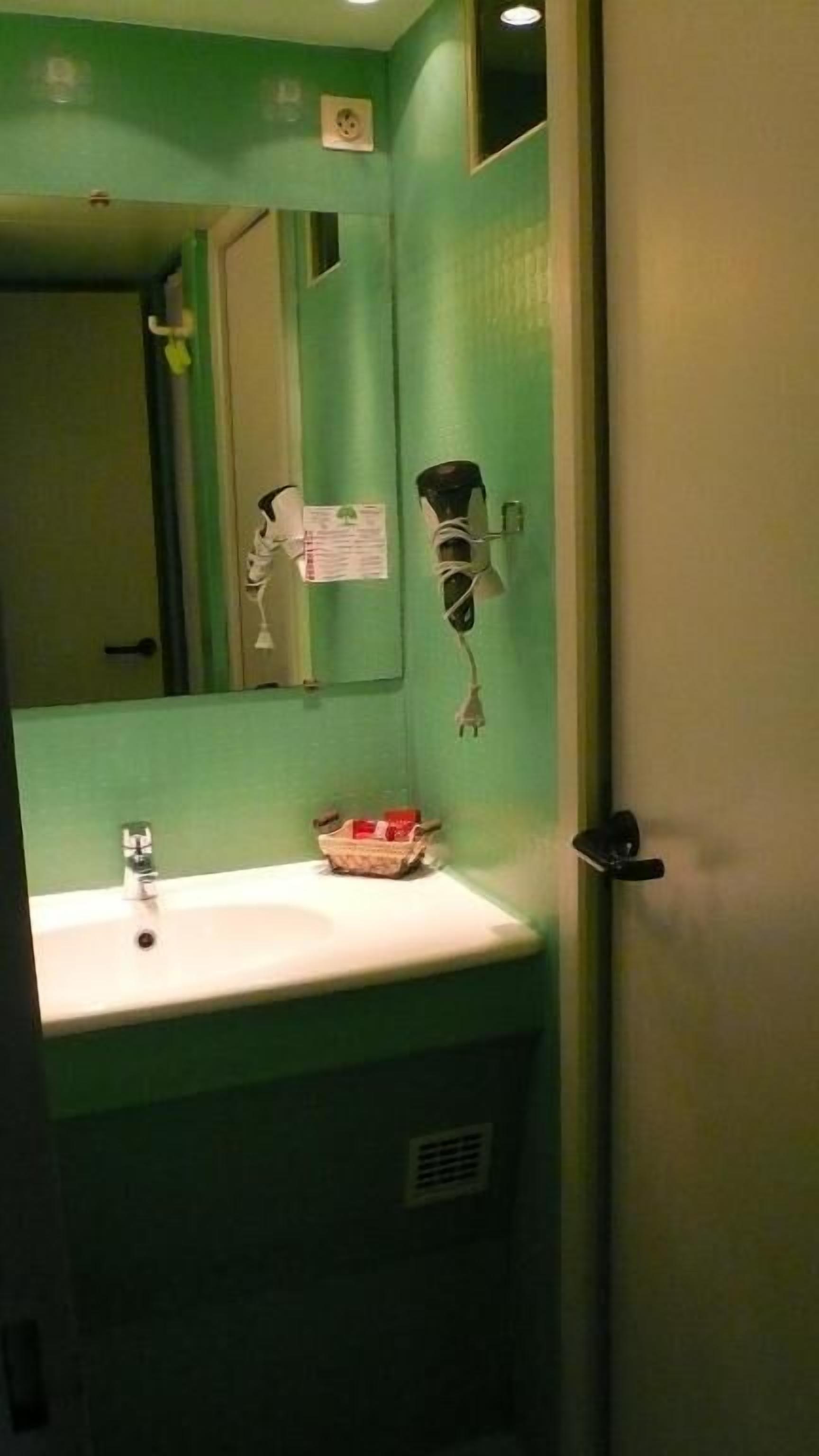 A bathroom with a green wall, a sink, and a mirror.