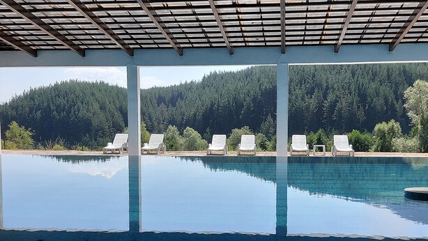Una piscina con agua cristalina rodeada de sillones de descanso y vistas a una ladera boscosa.