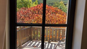 Una ventana con vista a un balcón que tiene barandilla y una silla.