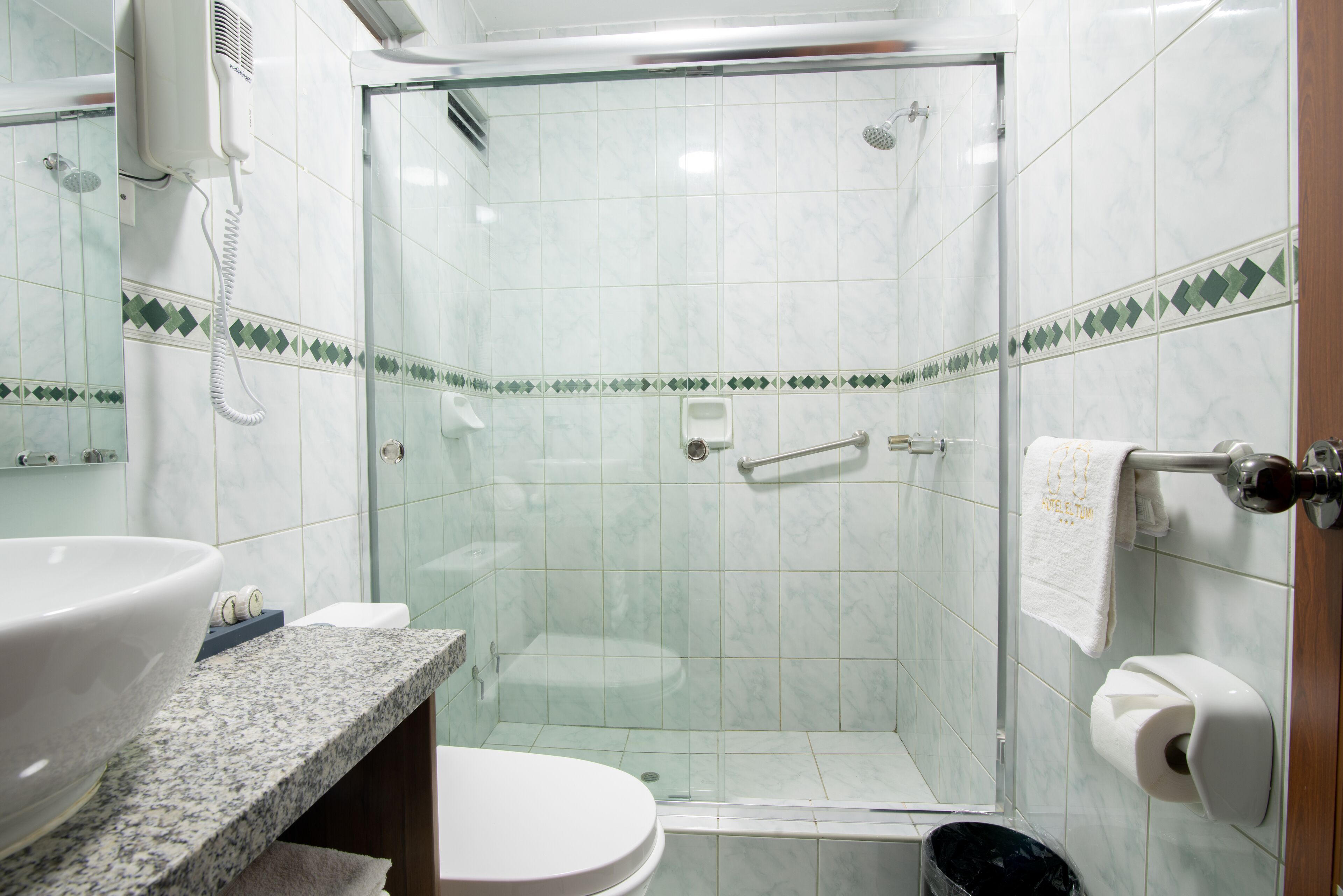 A bathroom with a glass-enclosed shower, a white sink, a toilet, and a towel rack.