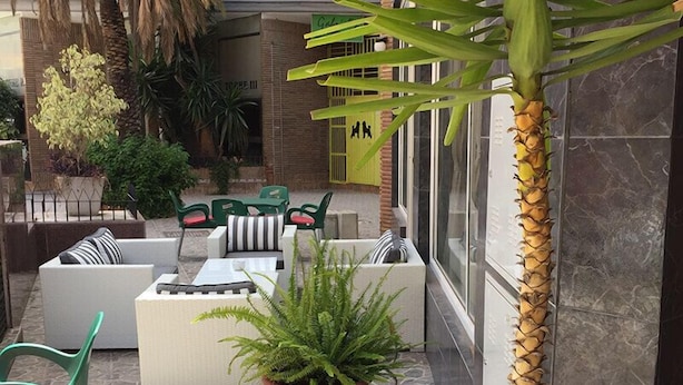 An outdoor seating area with a sofa set, chairs, and a potted fern. - Hotel Manantiales (Torremolinos)