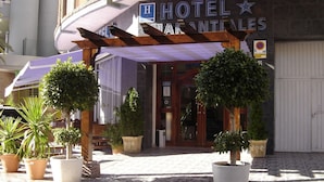 A hotel entrance with a star sign, a covered walkway, and potted plants. - Hotel Manantiales (Torremolinos)