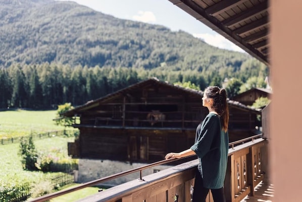 Una persona parada en un balcón con vistas a un paisaje montañoso y una cabaña de madera.
