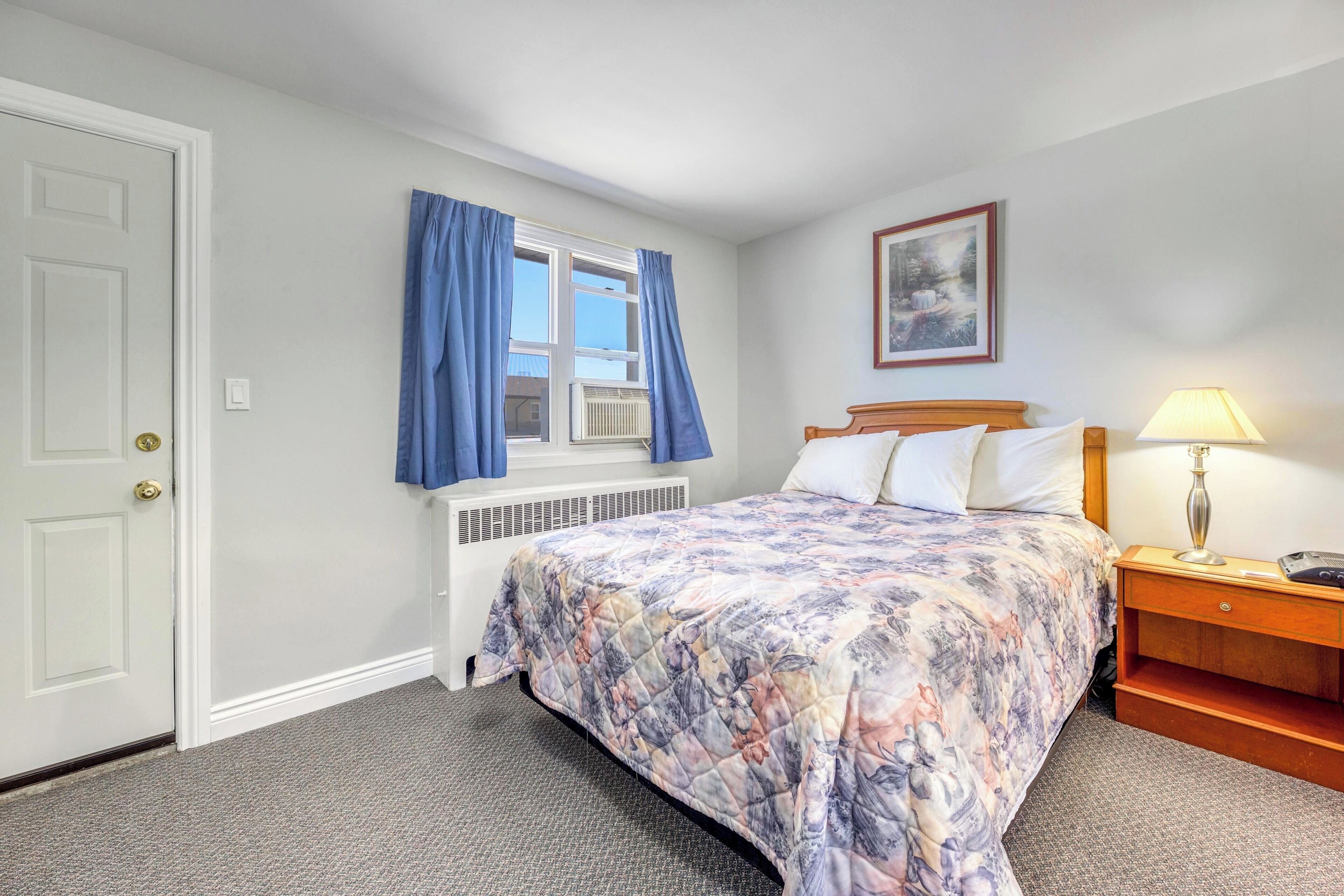 A bedroom with a bed, a nightstand, a lamp, a window with curtains, a radiator, and a door.