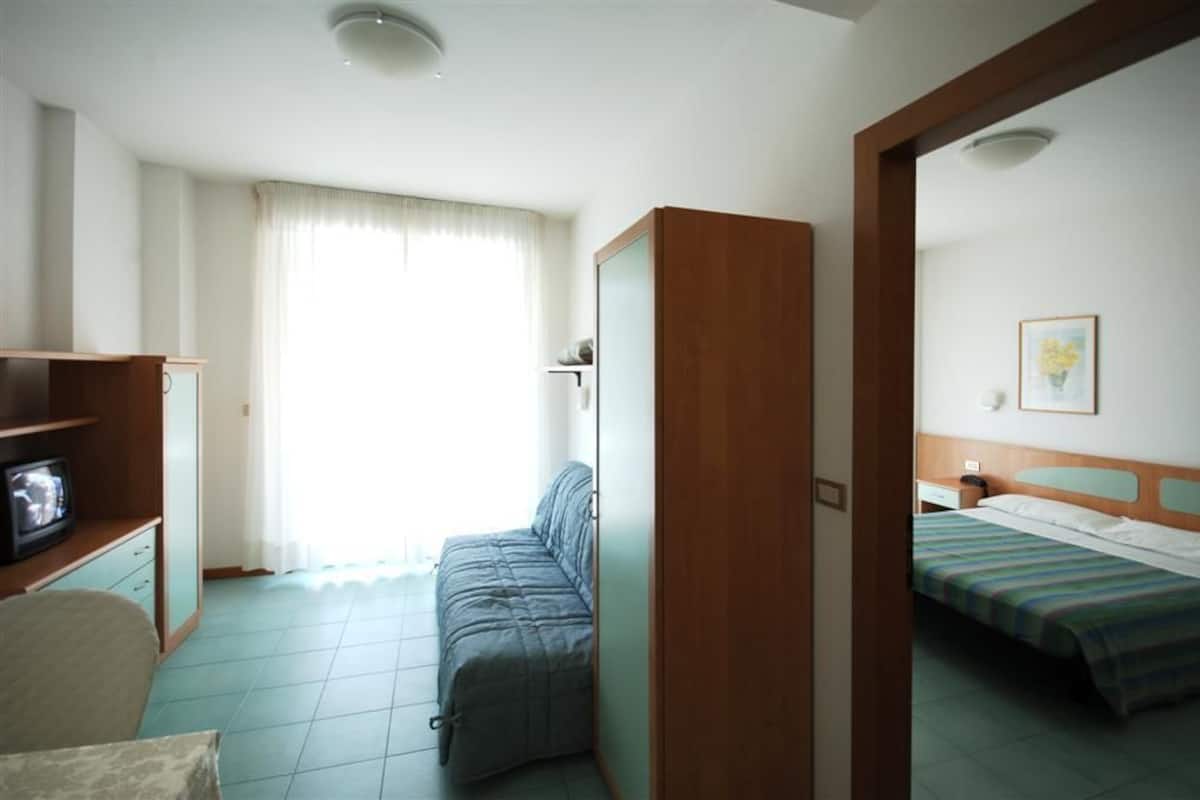 Ein Schlafzimmer mit Bett, Sofa, Fernseher und Kleiderschrank.