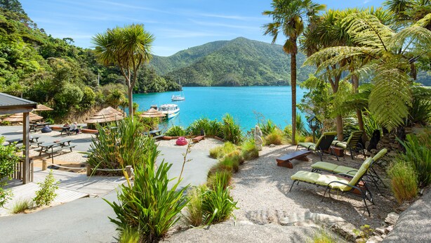 A tropical resort with a pool, lounge chairs, and a view of a lake and mountains. - Lochmara Lodge (Lochmara Bay)