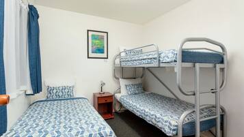 A bunk bed room with a single bed and a nightstand.