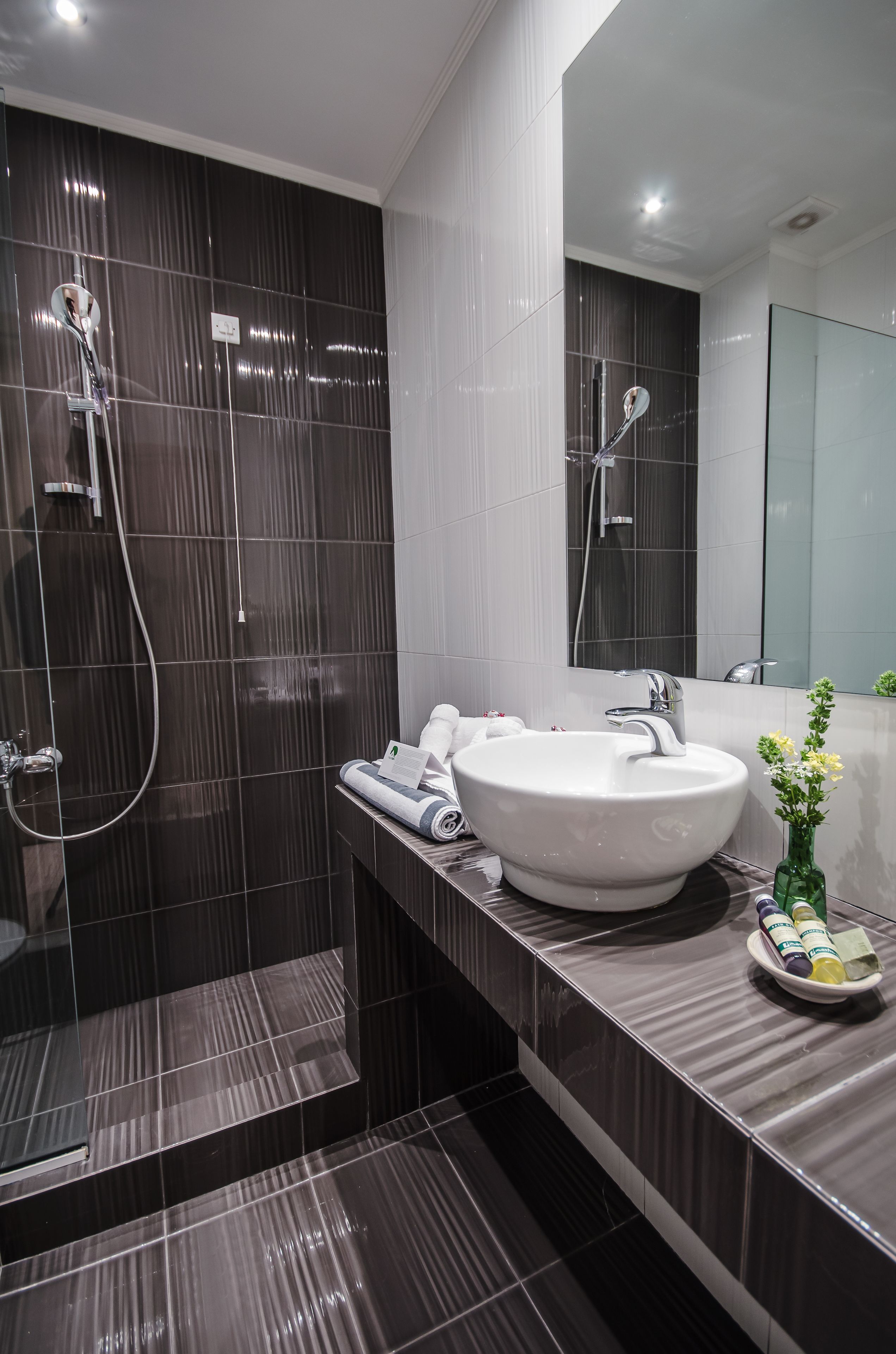 shower, rainfall showerhead, designer toiletries, hair dryer