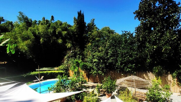 A pool area with a wooden deck, surrounded by lush greenery and trees. - WIKI HOSTEL Colive - Adults Only & Pet Friendly (Zagarolo)