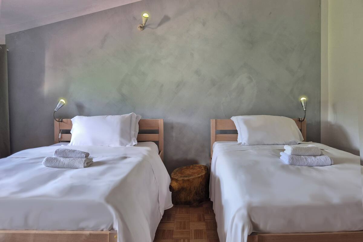 Two single beds with wooden headboards, white linens, and bedside lamps.