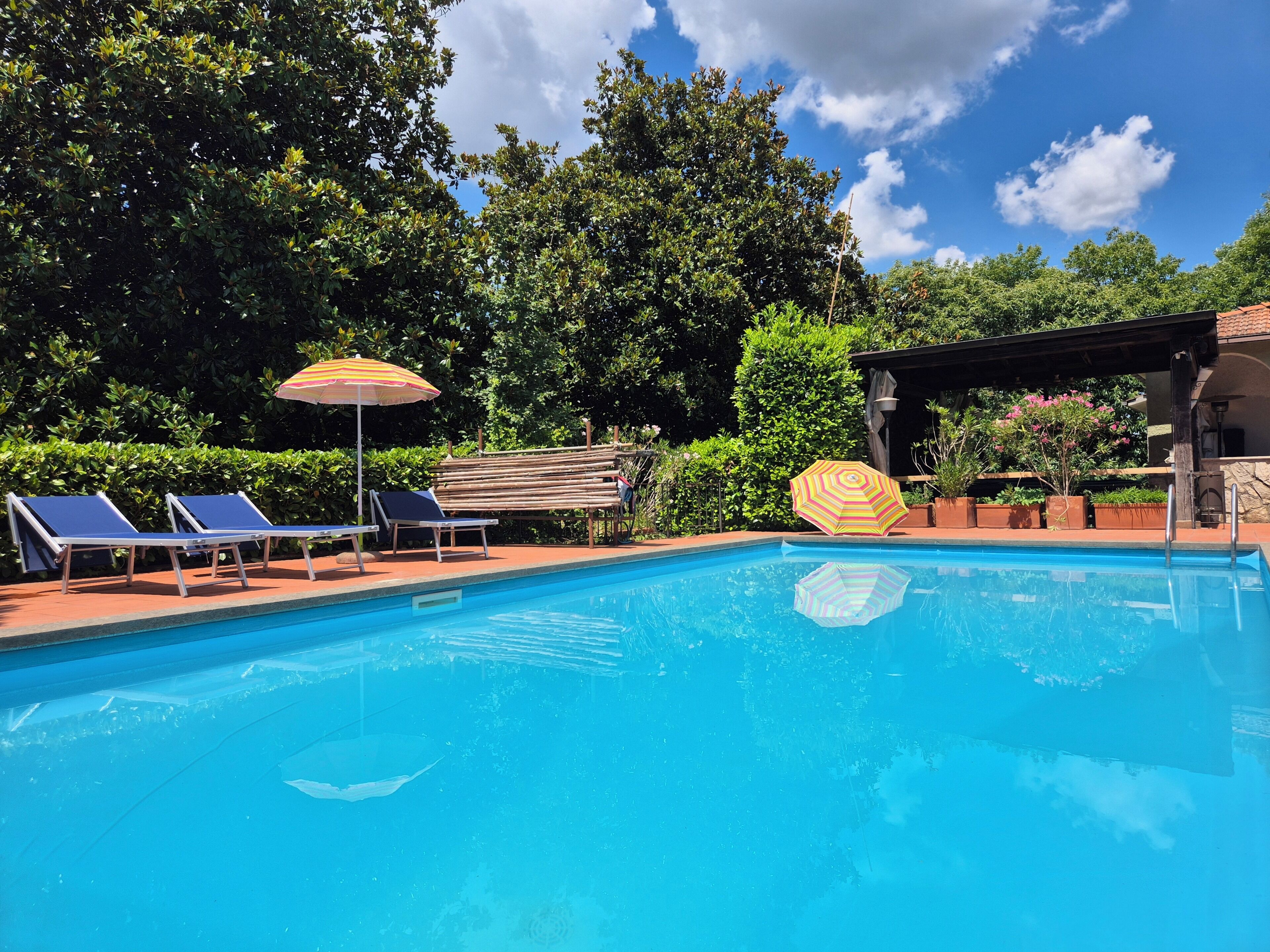 Seasonal outdoor pool, open 11:00 AM to 9:00 PM, pool umbrellas