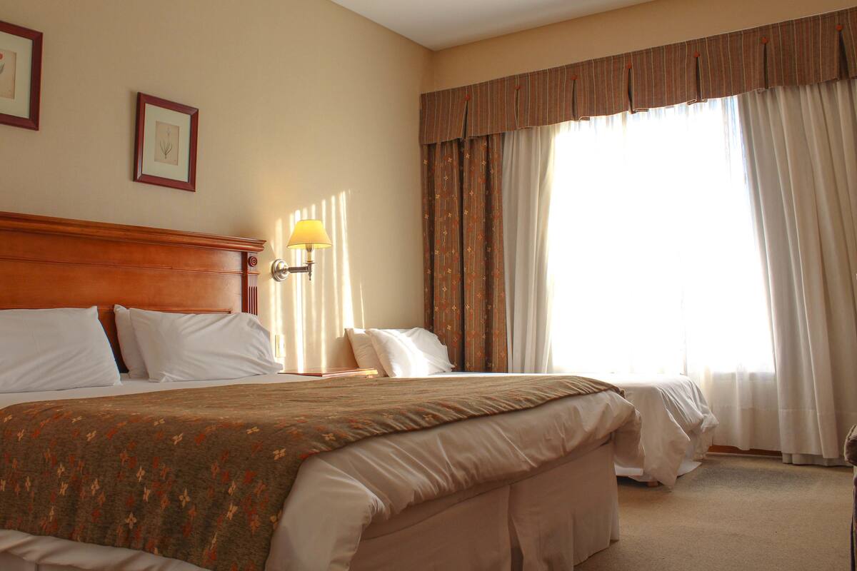 A hotel room with a large bed, a nightstand, a lamp, and two framed pictures on the wall.