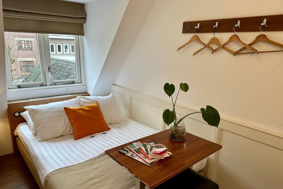 Un dormitorio ordenado con una cama, una mesita de noche con una planta y una ventana con vistas a edificios.
