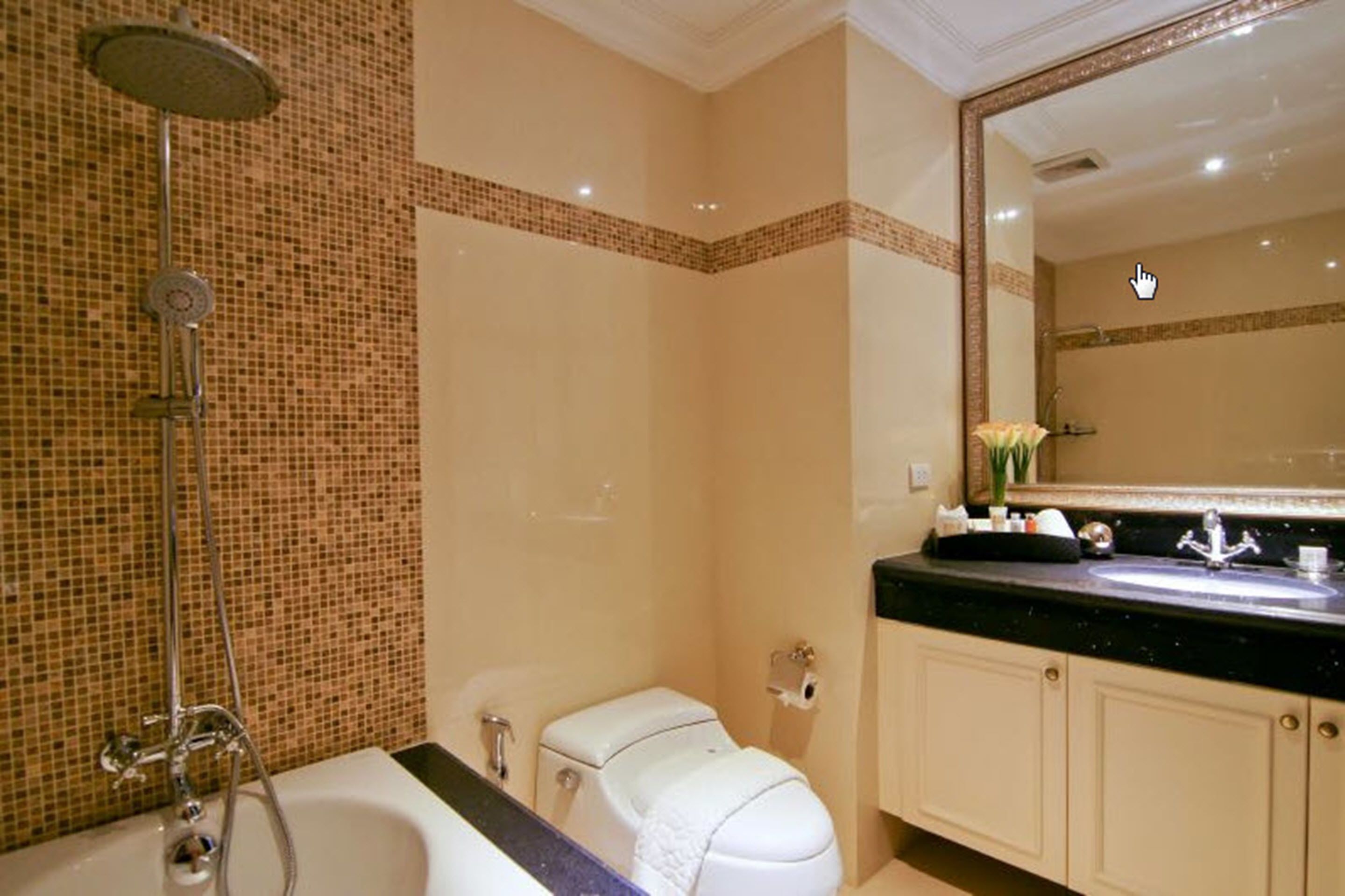 A bathroom with a bathtub, a shower, a toilet, and a sink with a mirror above it.