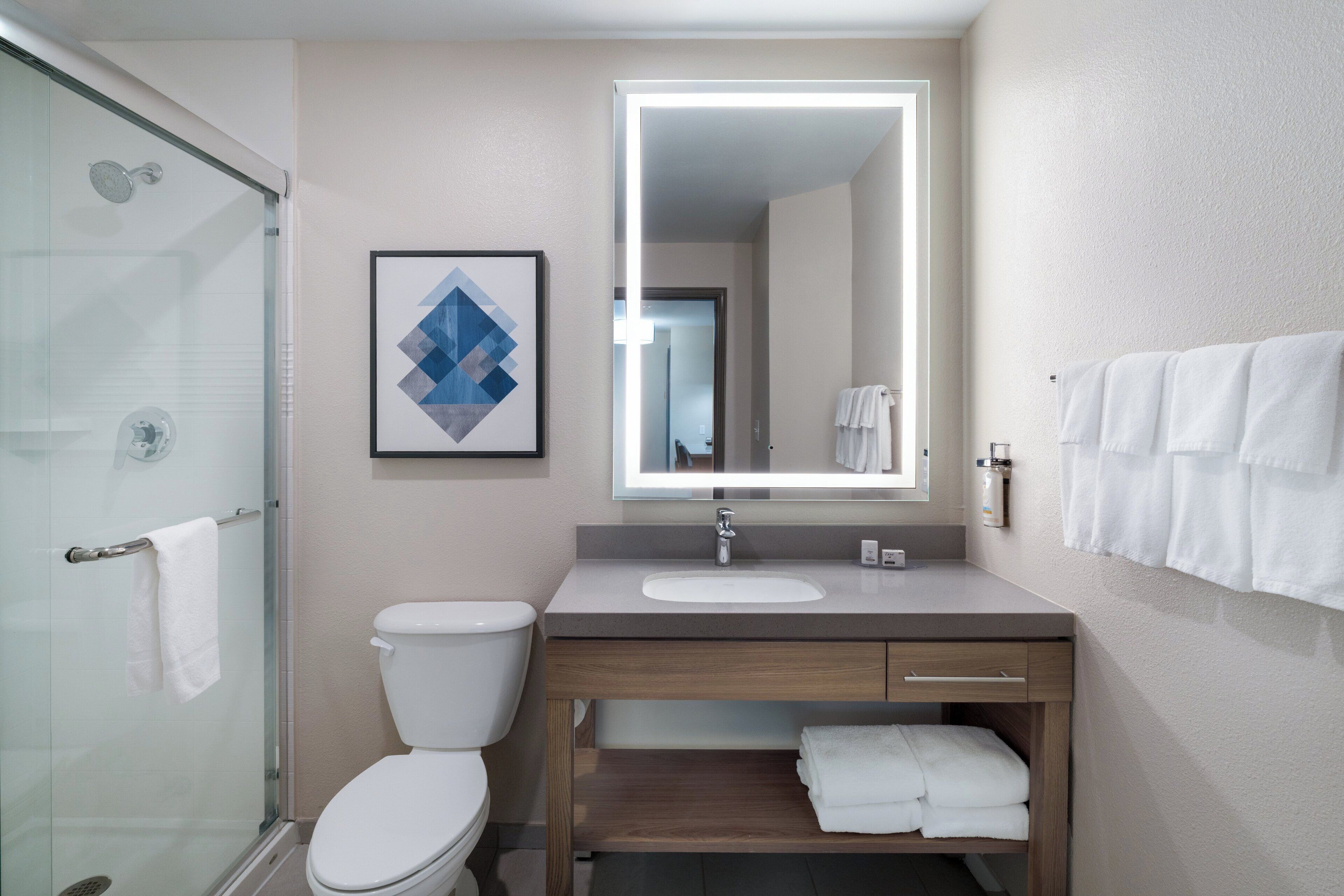 Een moderne badkamer met een douchecabine van glas, een wit toilet, een houten wastafelmeubel met een wastafel en een grote spiegel.