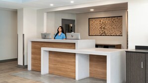 Un mostrador de recepción con una recepcionista, dos portátiles y una pared con diseño.