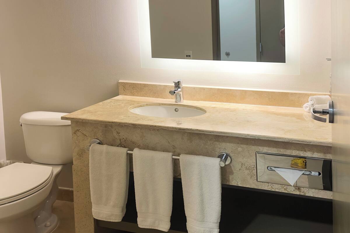 A bathroom with a toilet, sink, and towel rack.