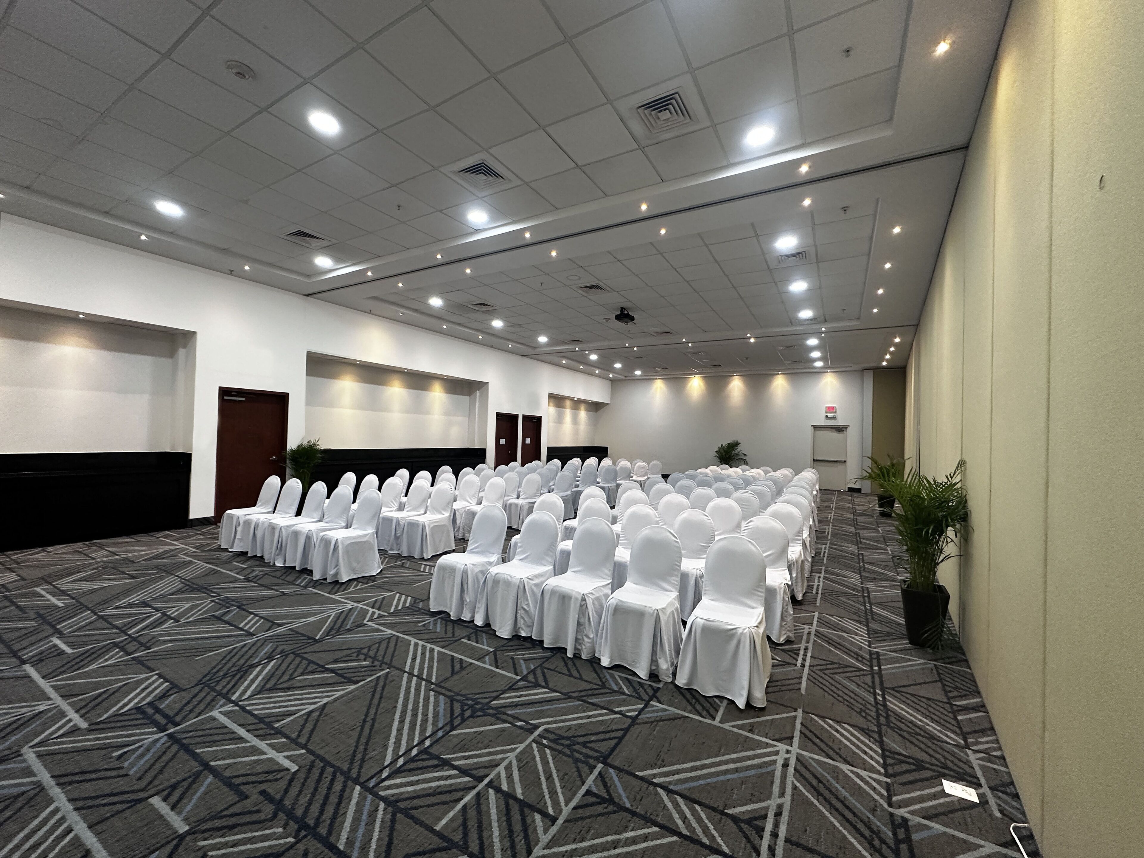 Un salón de conferencias con filas de sillas cubiertas de blanco, una alfombra estampada e iluminación empotrada en el techo.