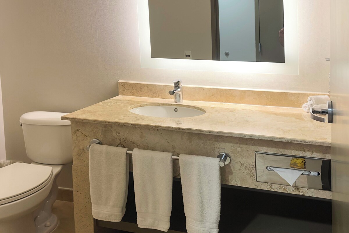 A bathroom with a toilet, sink, and towel rack.