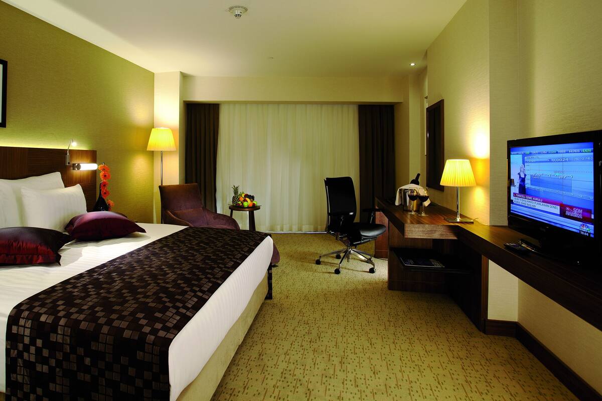 A hotel room with a bed, a desk with a television, a chair, and a small table with fruit.