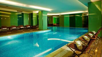 Indoor pool, open 9:00 AM to 10:00 PM, sun loungers
