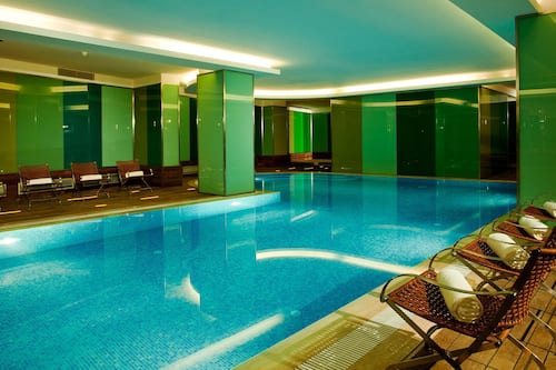 Indoor pool, open 8:00 AM to 10:00 PM, sun loungers
