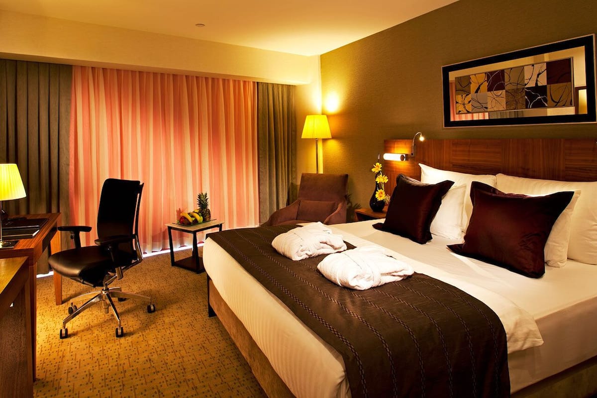 A hotel room with a bed, a desk with a television, a chair, a nightstand, and a lamp.