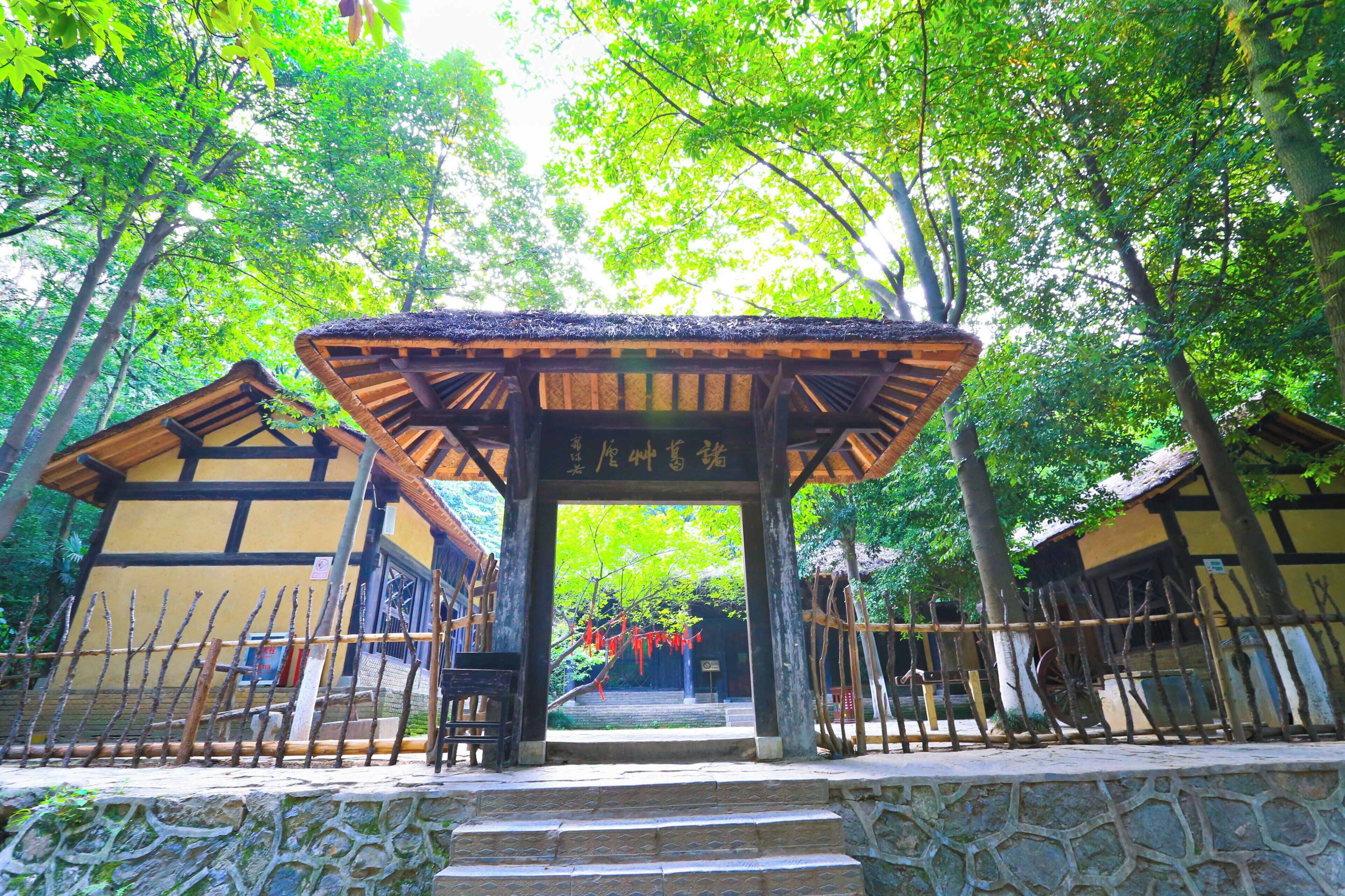 Un portillo japonés tradicional con techo de paja, que da a un sendero bordeado por vallas de madera y edificios con tejados de tejas.