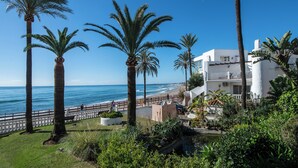 Propiedad frente al mar con palmeras, un edificio blanco y vista al océano.