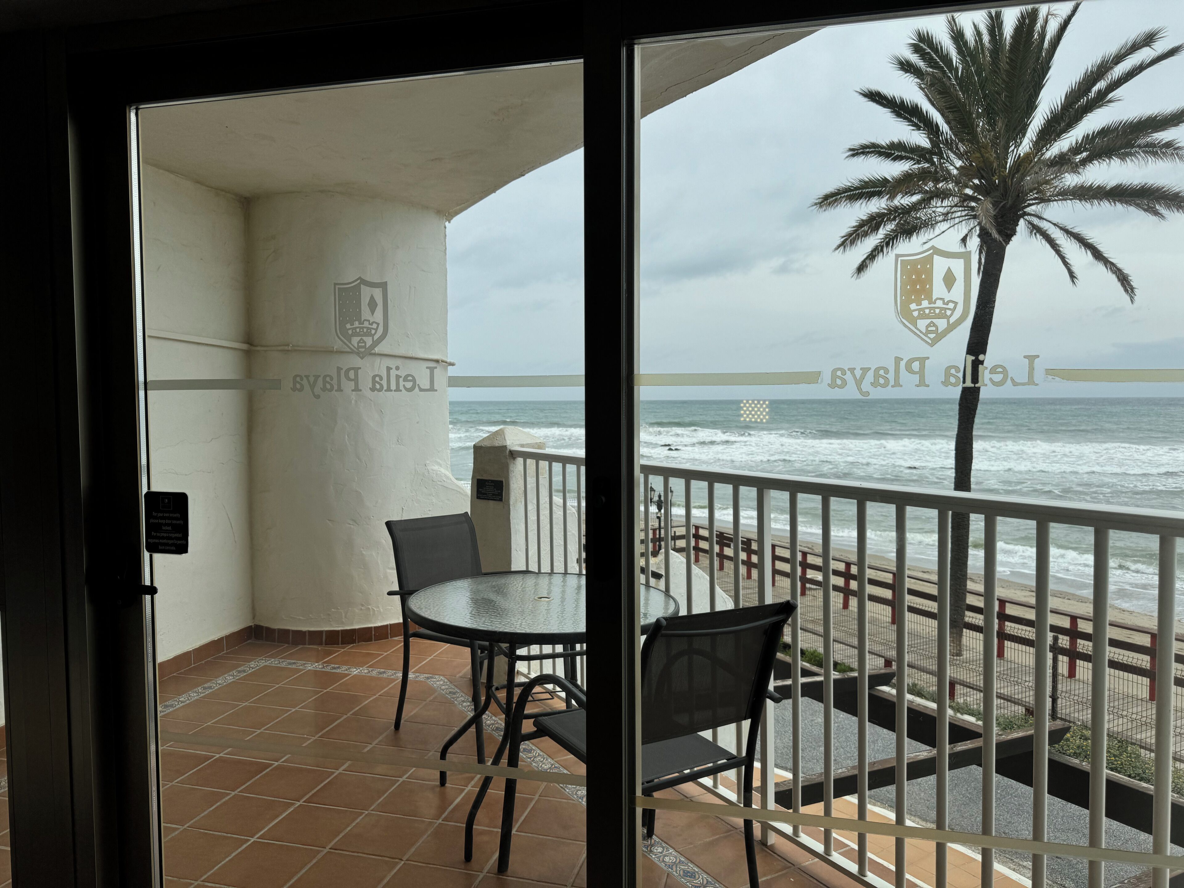 A balcony with a view of the ocean, a palm tree, and a table with chairs.