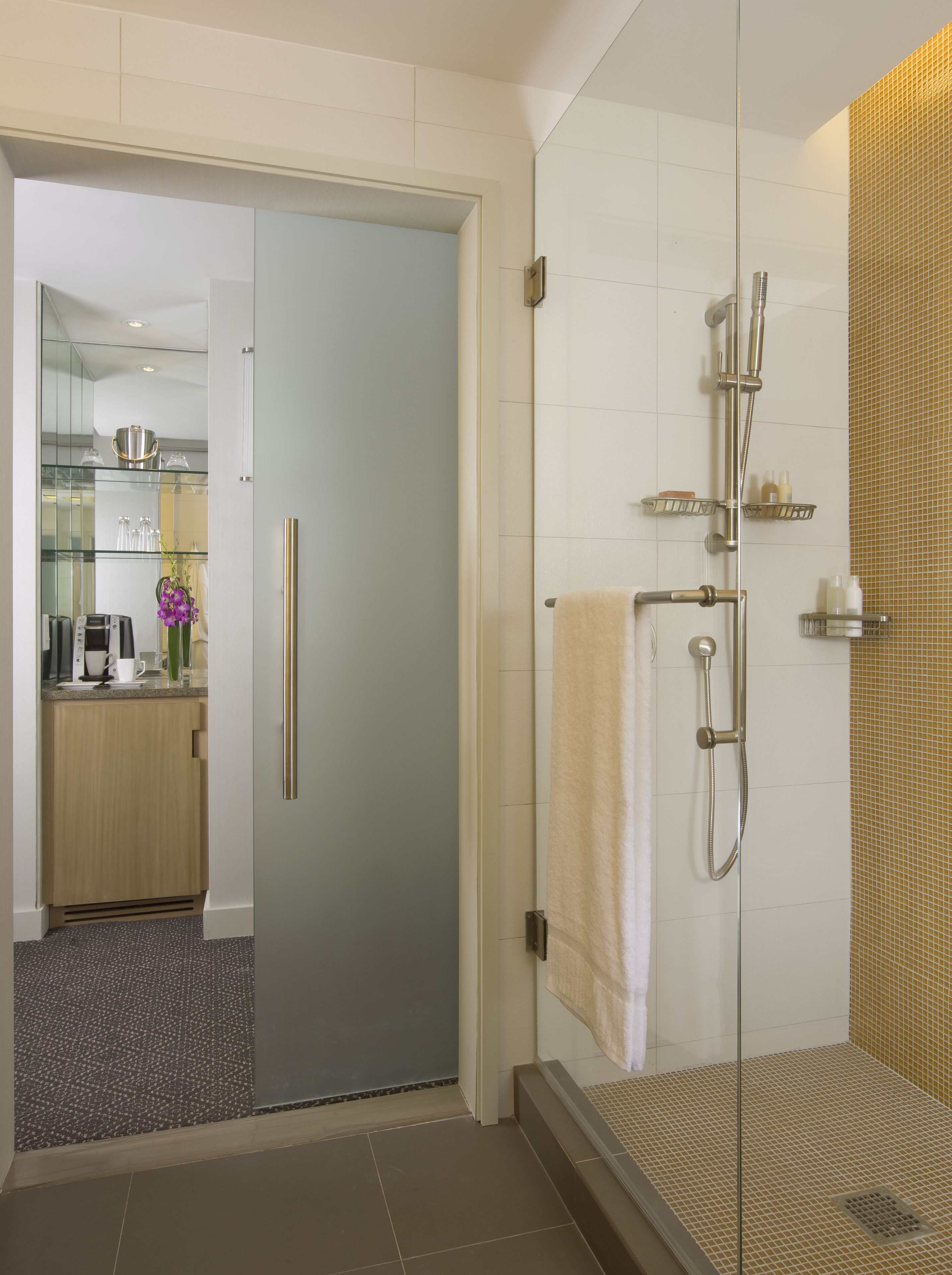 A modern bathroom with a glass shower enclosure, a towel rack, and a visible sink area with a coffee maker and decorative items.